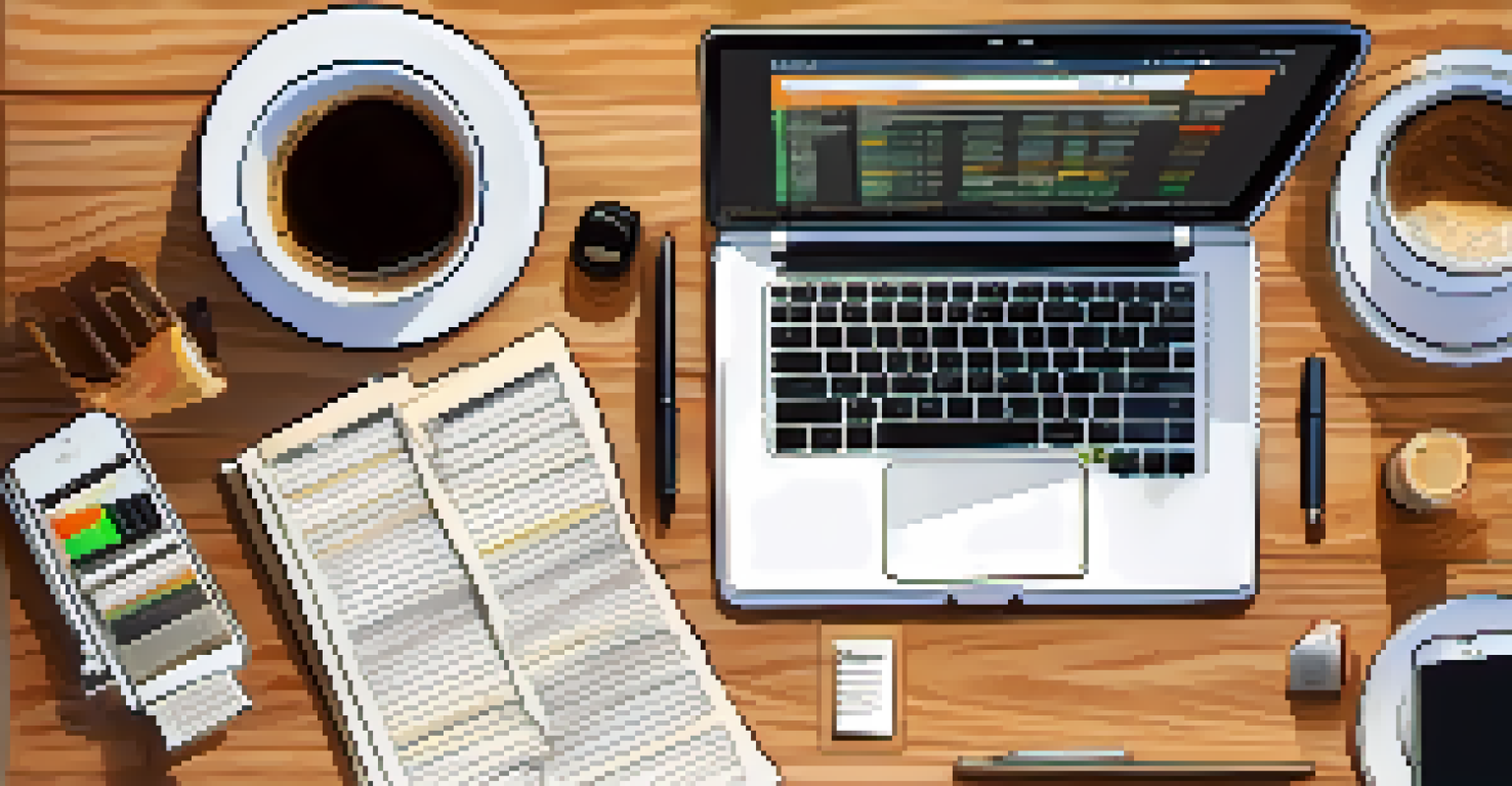 An organized desk setup for Bitcoin trading with a laptop, notepads, smartphone, and a coffee cup in natural light.