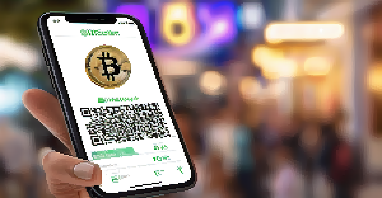 A hand holding a smartphone with a bitcoin wallet app, set against the backdrop of a donation event.