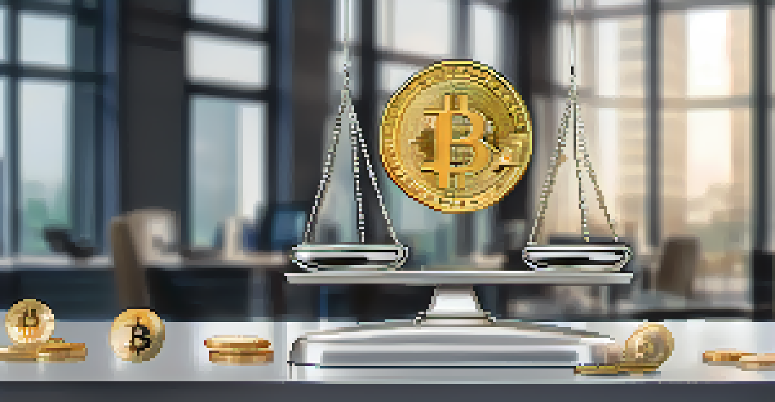A balance scale with Bitcoin on one side and fiat currency notes on the other in a modern office setting.