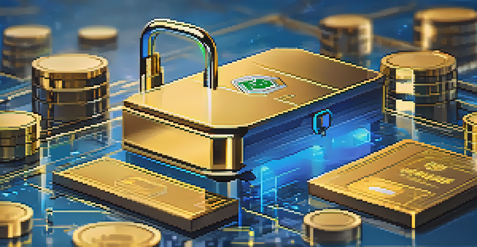 A secure digital vault concept featuring a padlock, hardware wallet, and paper wallet against a futuristic blue and gold background, symbolizing Bitcoin security.
