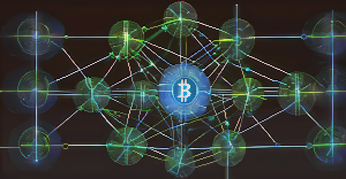 A visual representation of a decentralized network with interconnected glowing nodes, symbolizing Bitcoin transactions.