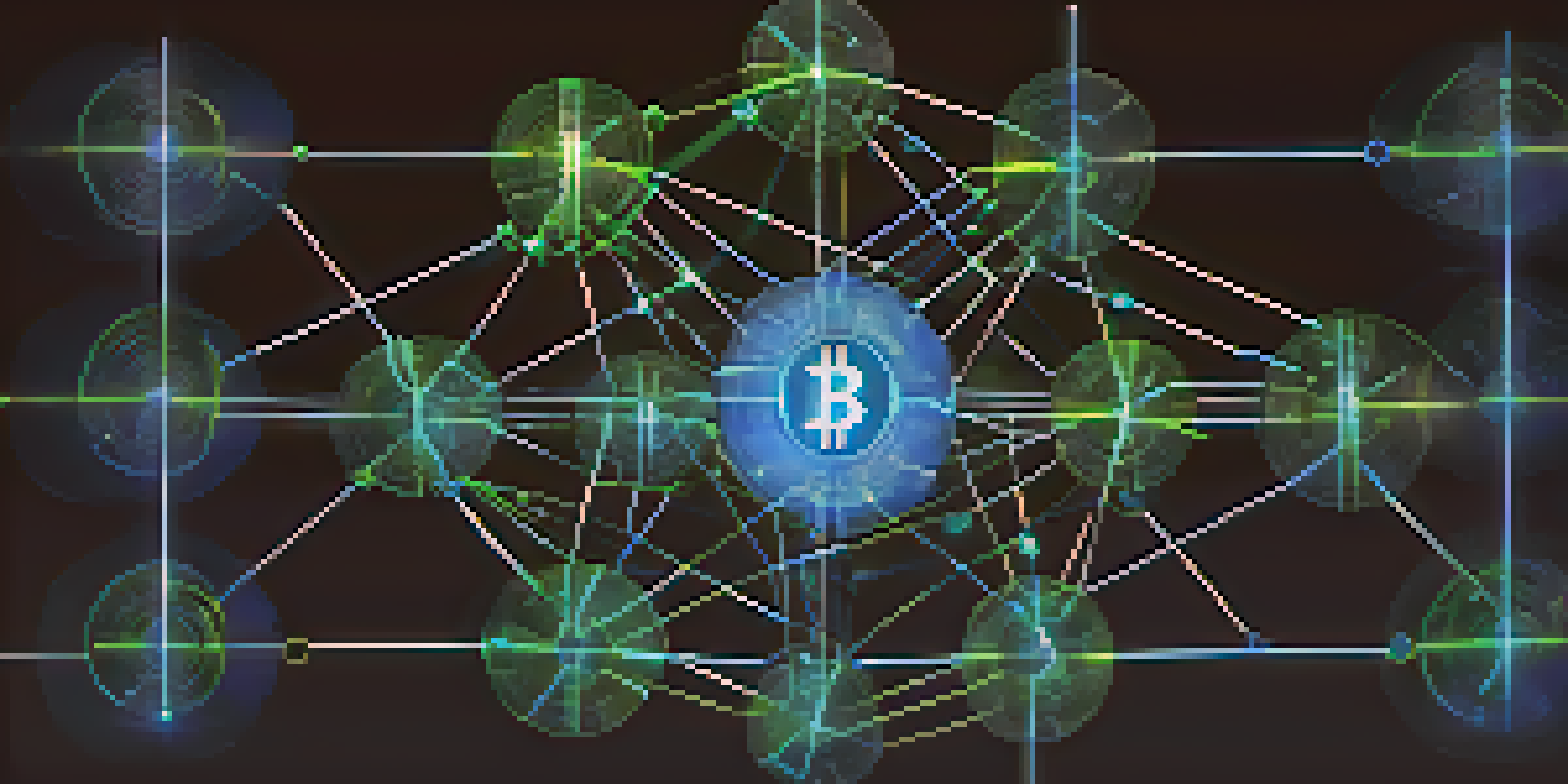 A visual representation of a decentralized network with interconnected glowing nodes, symbolizing Bitcoin transactions.