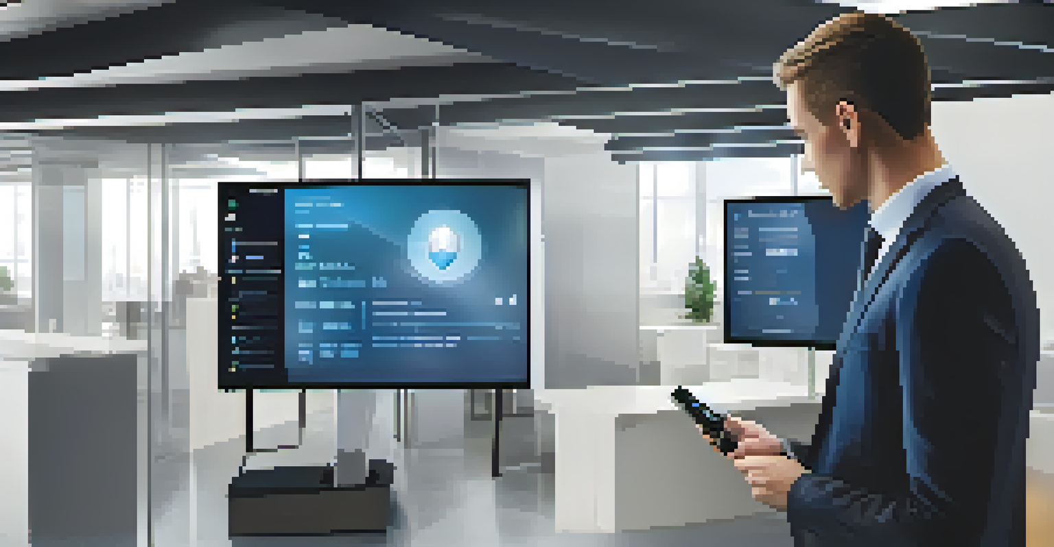 A close-up of a person using a biometric scanner for identity verification in a modern office, with a digital display of KYC compliance in the background.