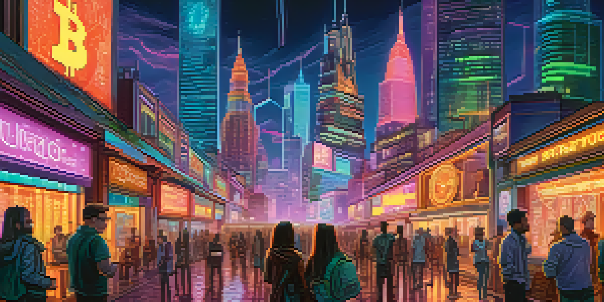 A futuristic cityscape with Bitcoin symbols integrated into traditional finance buildings, illuminated by neon lights, and diverse people using tablets and holograms.