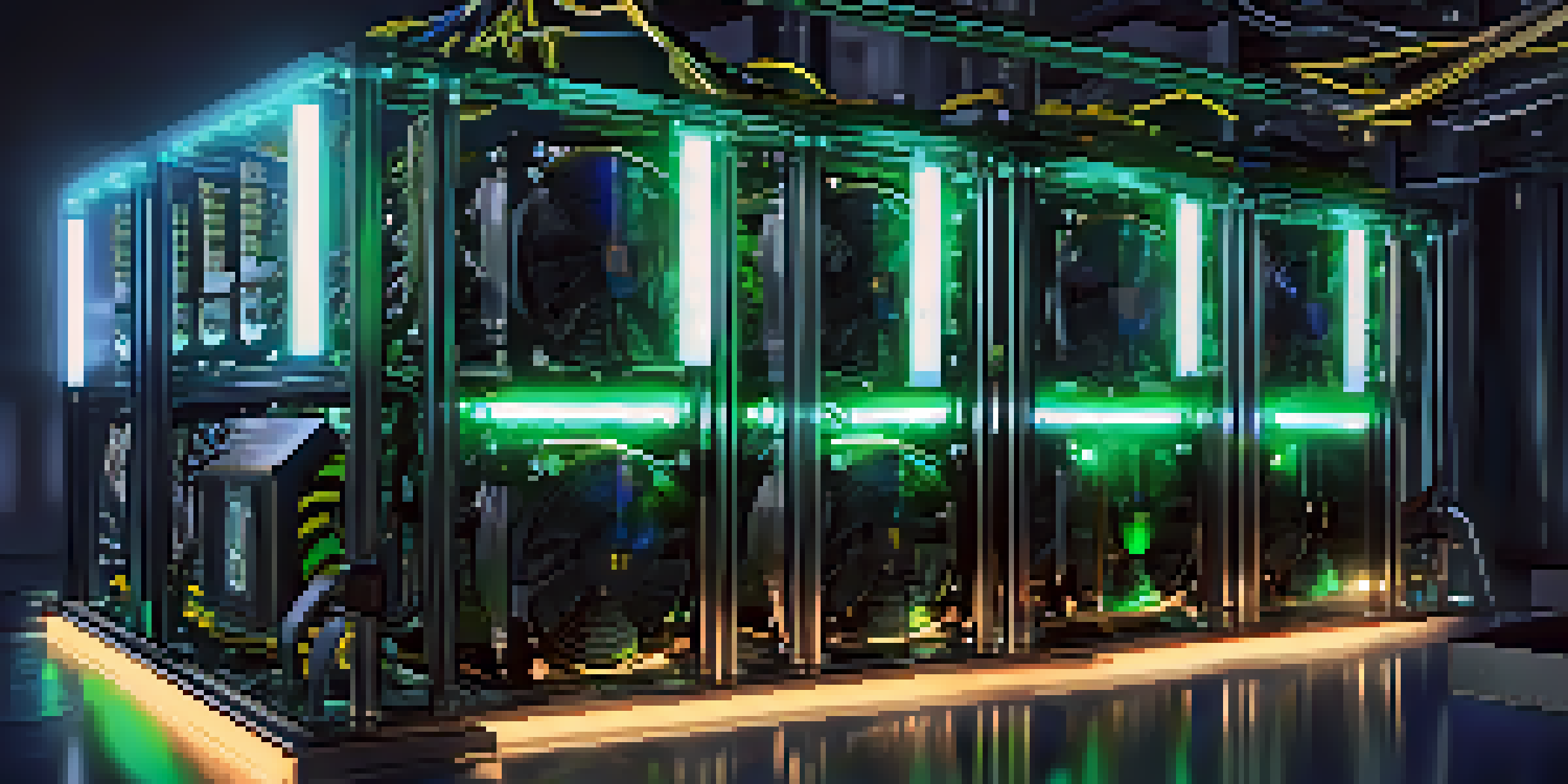 A detailed close-up of a Bitcoin mining rig with multiple ASIC miners and glowing lights in a dark industrial setting.