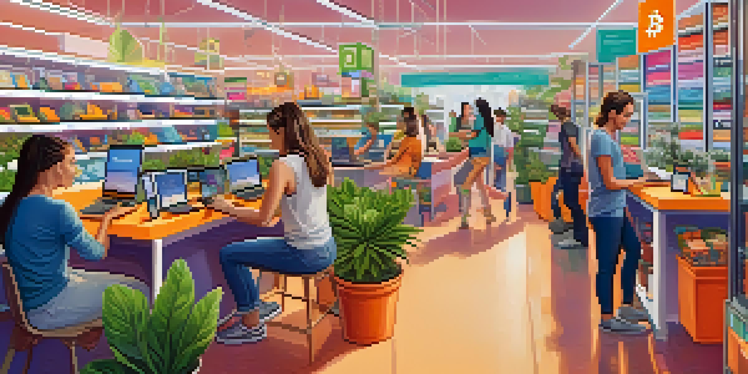A diverse group of people engaging in online shopping with laptops and smartphones, featuring Bitcoin logos on the screens.