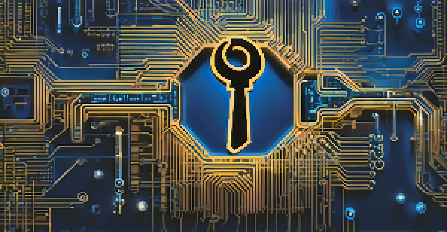 Artistic depiction of glowing public and private keys intertwined against a deep blue gradient background with binary code patterns.
