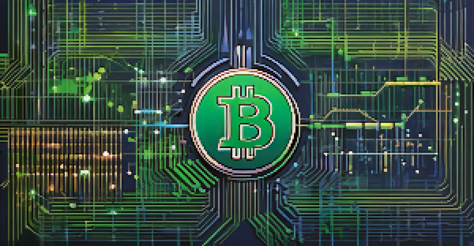 An abstract image of a Bitcoin logo surrounded by fluctuating graphs and arrows, with a blue and green background symbolizing market volatility.