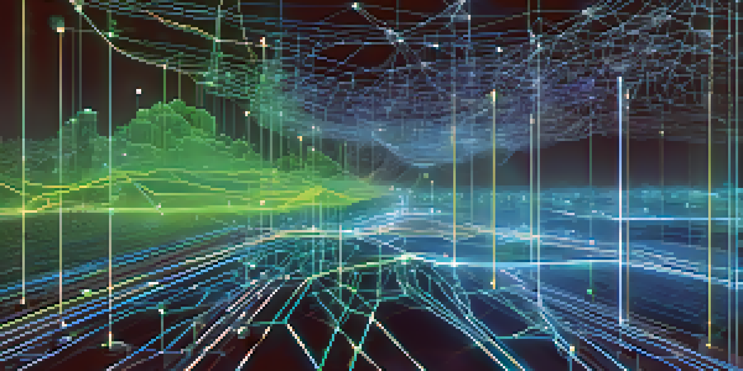 A digital landscape illustrating Bitcoin transactions with glowing lines and nodes in a high-tech setting, featuring blue and green colors.