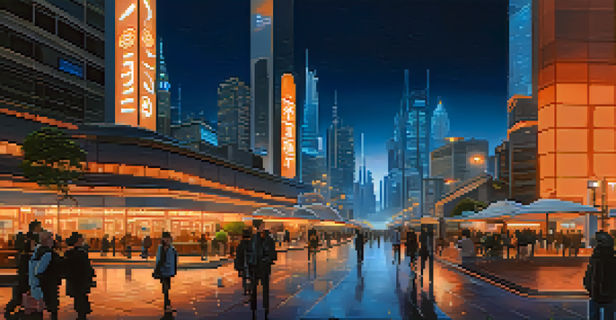 A modern city at sunset with traditional and futuristic architecture, featuring glowing Bitcoin symbols and illuminated streets.