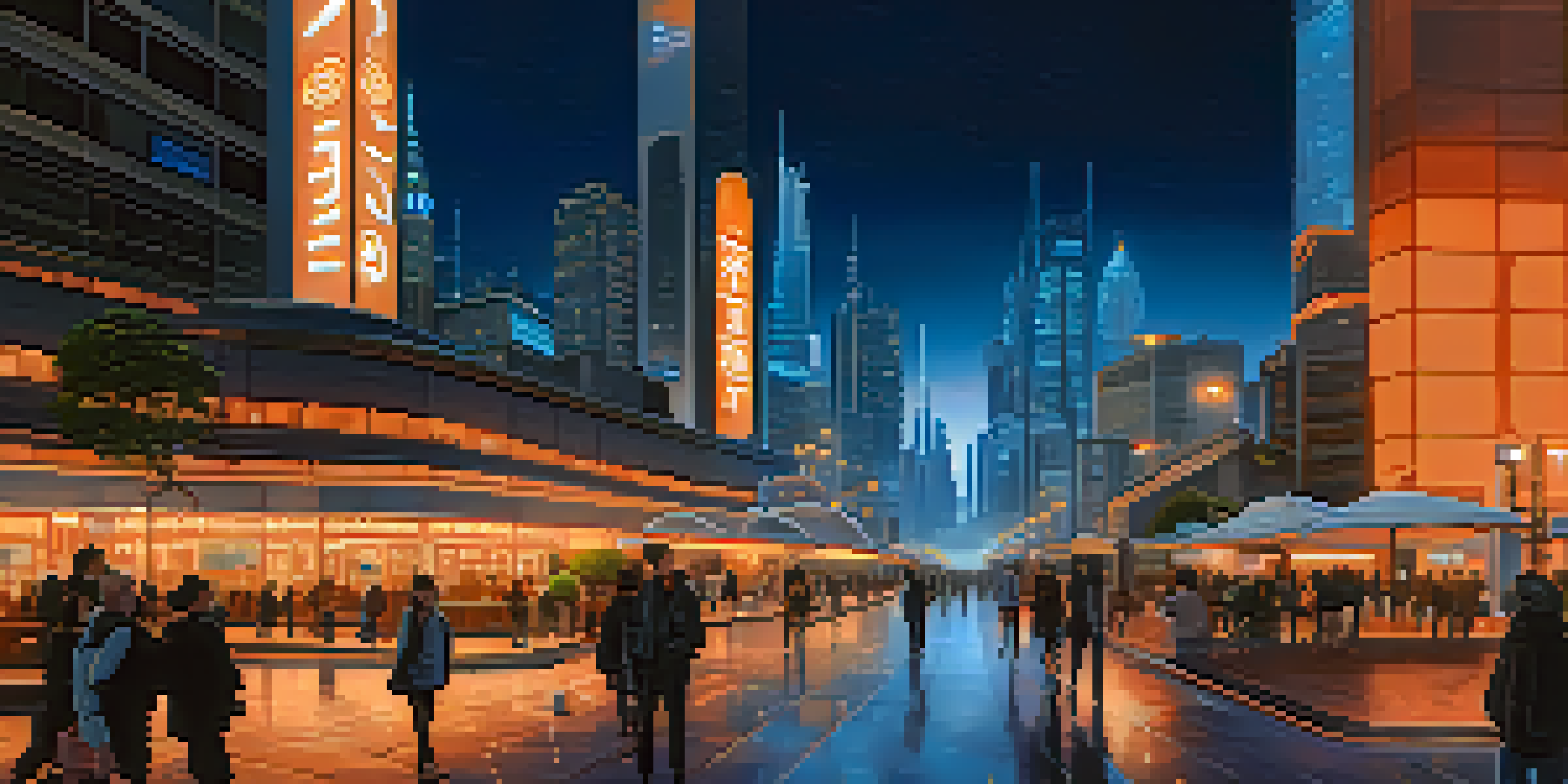 A modern city at sunset with traditional and futuristic architecture, featuring glowing Bitcoin symbols and illuminated streets.