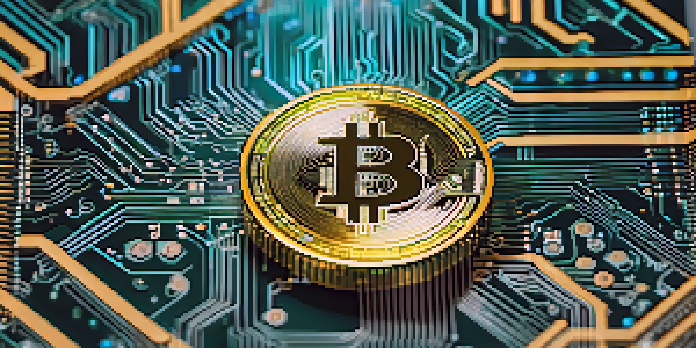 A gold Bitcoin coin on a digital circuit board illuminated with blue and green lights, symbolizing cryptocurrency.