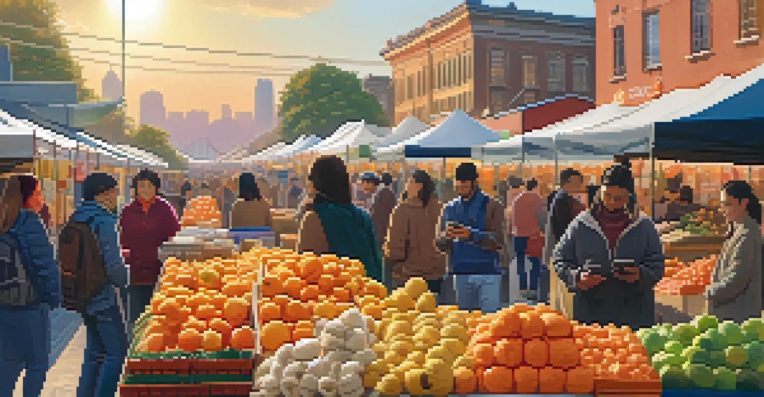 A diverse group of people using smartphones to transact Bitcoin in a lively outdoor market at sunset.