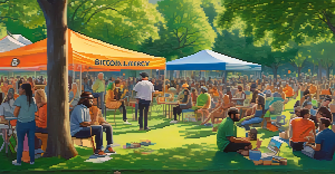 A diverse group of people in a park discussing Bitcoin, surrounded by greenery and colorful banners.