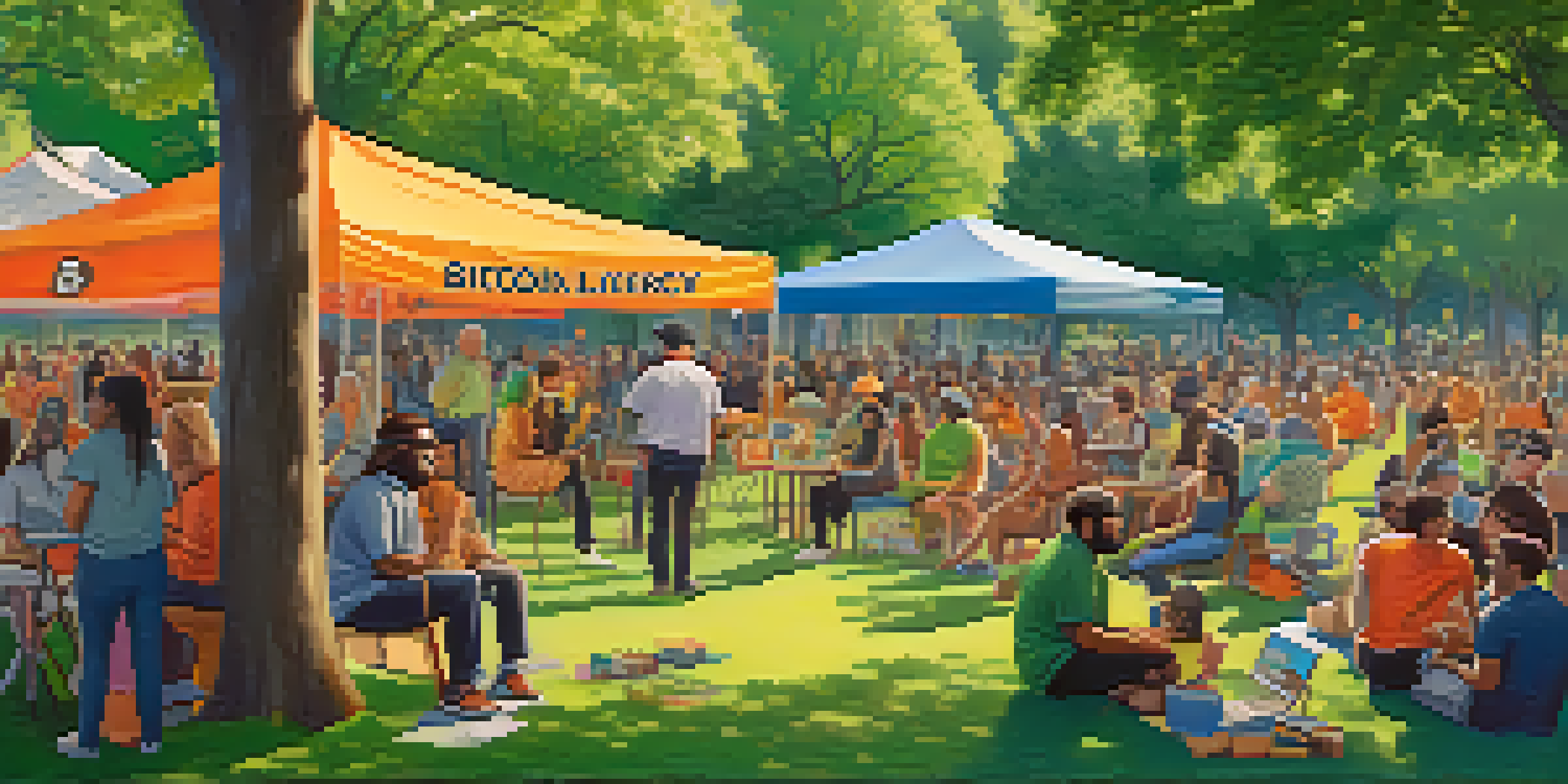 A diverse group of people in a park discussing Bitcoin, surrounded by greenery and colorful banners.