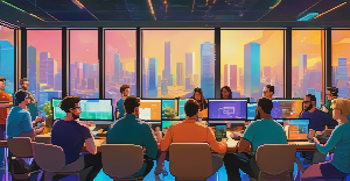 A diverse group of individuals in a bright room discussing cryptocurrency, with laptops and colorful charts around them.