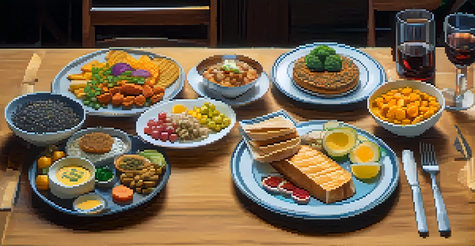 A plate of food symbolizing a balanced investment portfolio, with Bitcoin as the main dish and colorful altcoins as sides, presented on a wooden table.