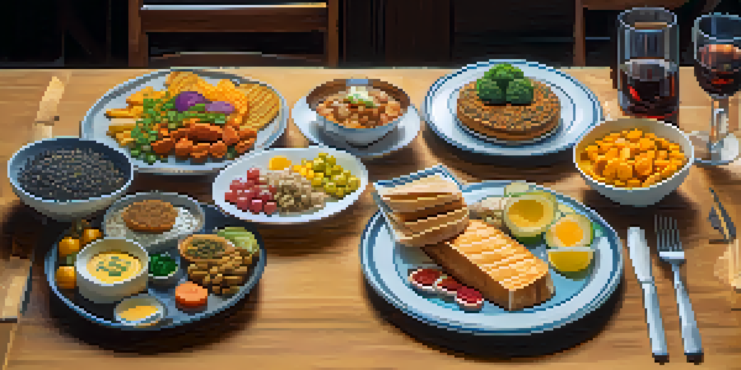 A plate of food symbolizing a balanced investment portfolio, with Bitcoin as the main dish and colorful altcoins as sides, presented on a wooden table.