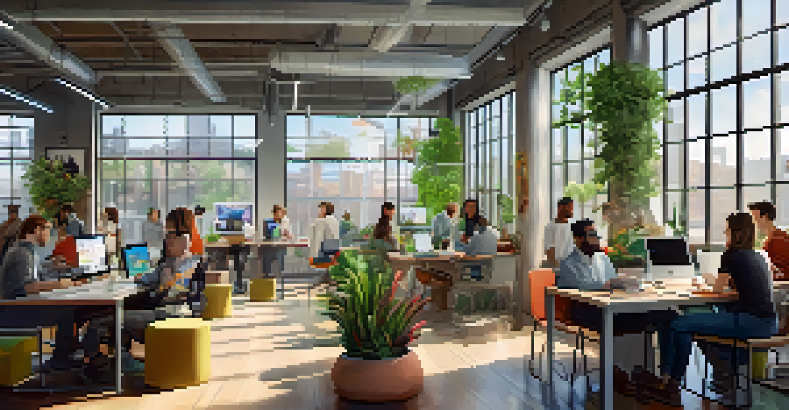 An open workspace with diverse individuals collaborating over laptops and digital screens in a bright environment.