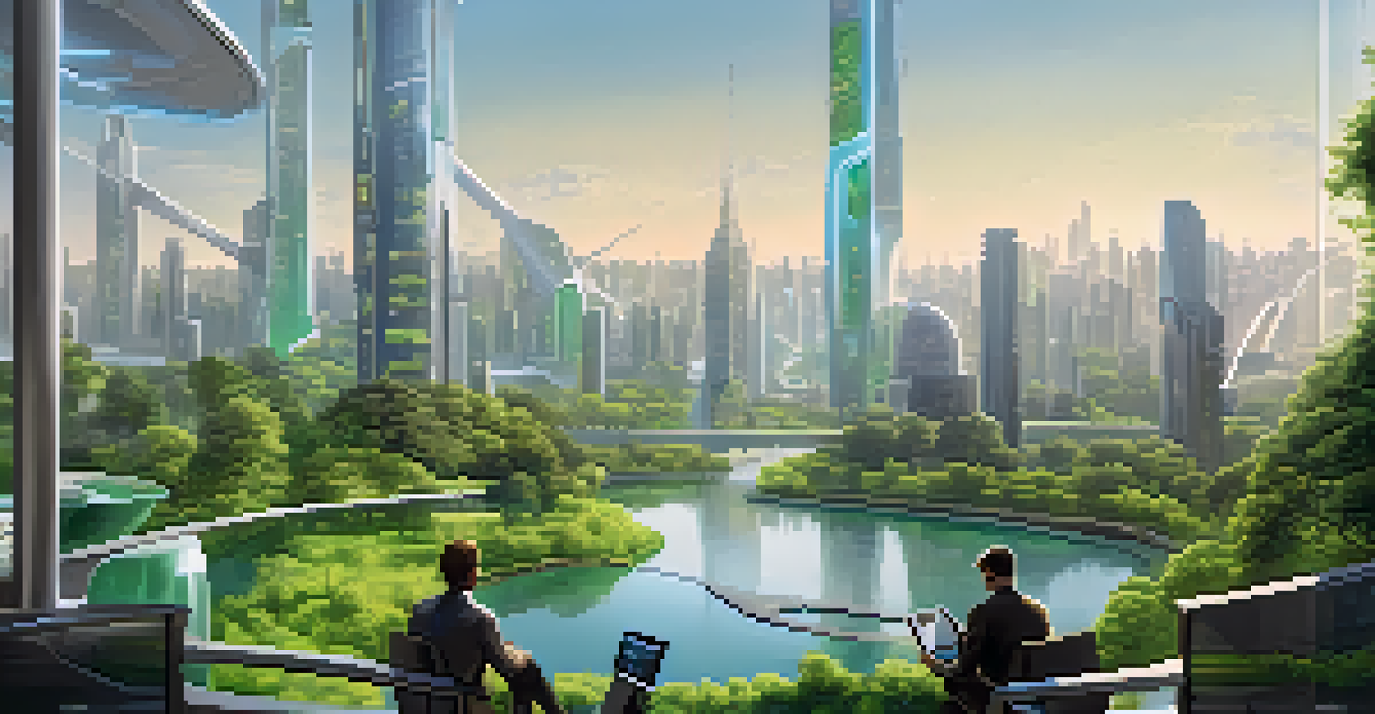 A futuristic city with people using devices to vote, showcasing a blend of technology and nature in a decentralized governance setting.