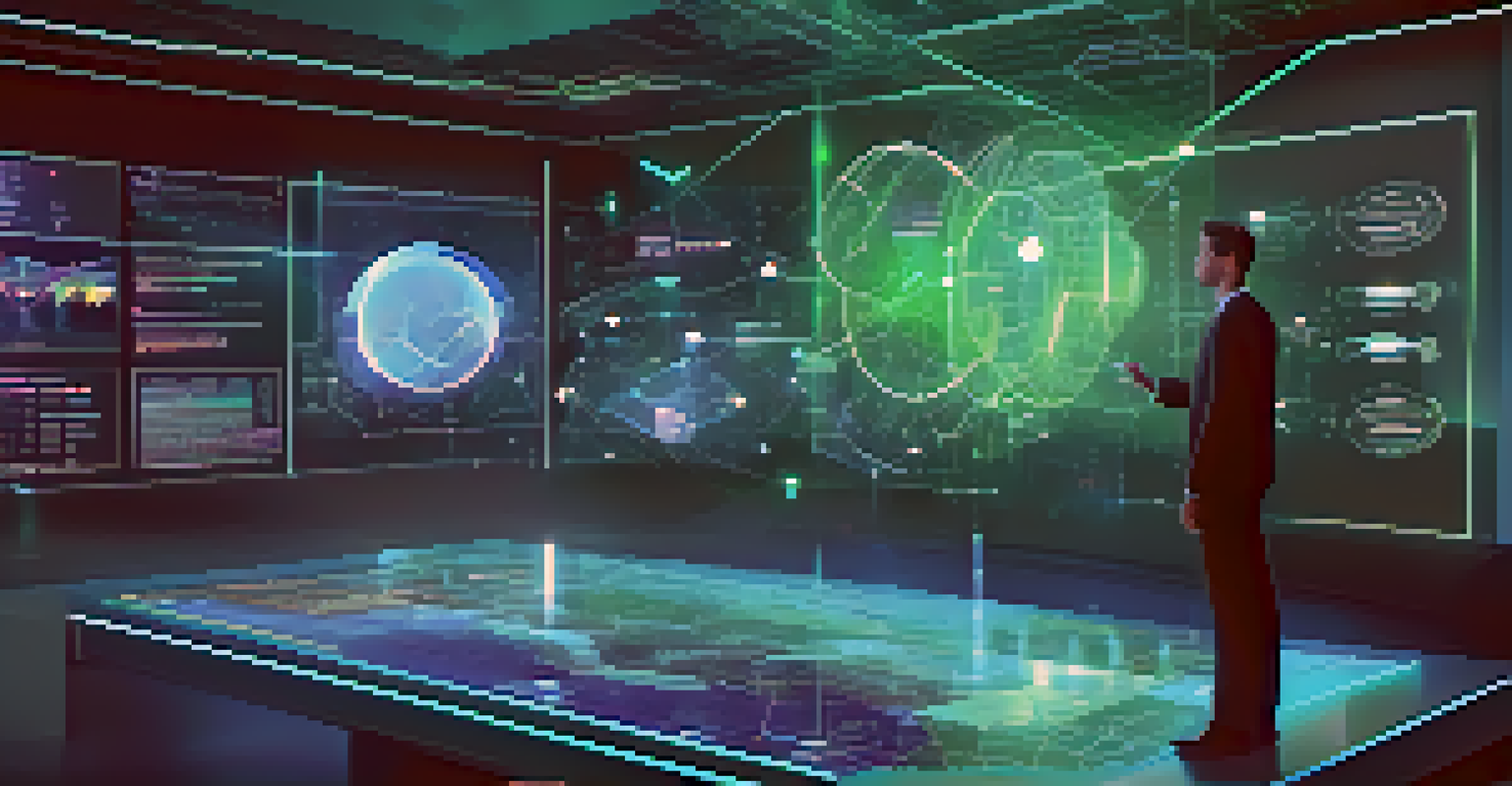 A modern workspace with holographic graphs and AI algorithms representing the integration of AI and decentralized finance.