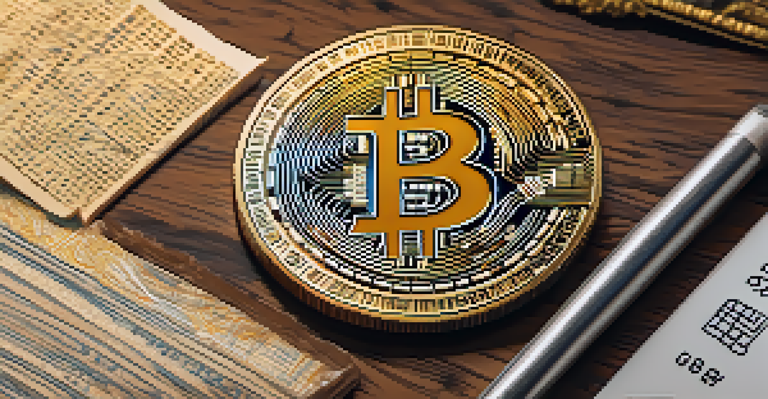 A close-up of a Bitcoin coin on a wooden table, surrounded by financial documents and a laptop, emphasizing investment.