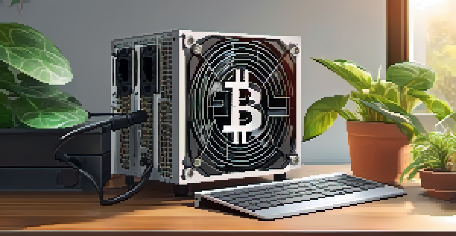 Close-up of energy-efficient Bitcoin mining hardware on a desk surrounded by houseplants, with warm lighting.