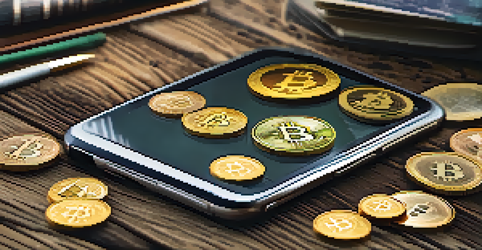 Close-up of a smartphone displaying a Bitcoin wallet, with coins and banknotes around it on a wooden table.