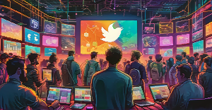 A colorful digital artwork showing cryptocurrency enthusiasts discussing on social media platforms, with Bitcoin symbols and market charts in the background.