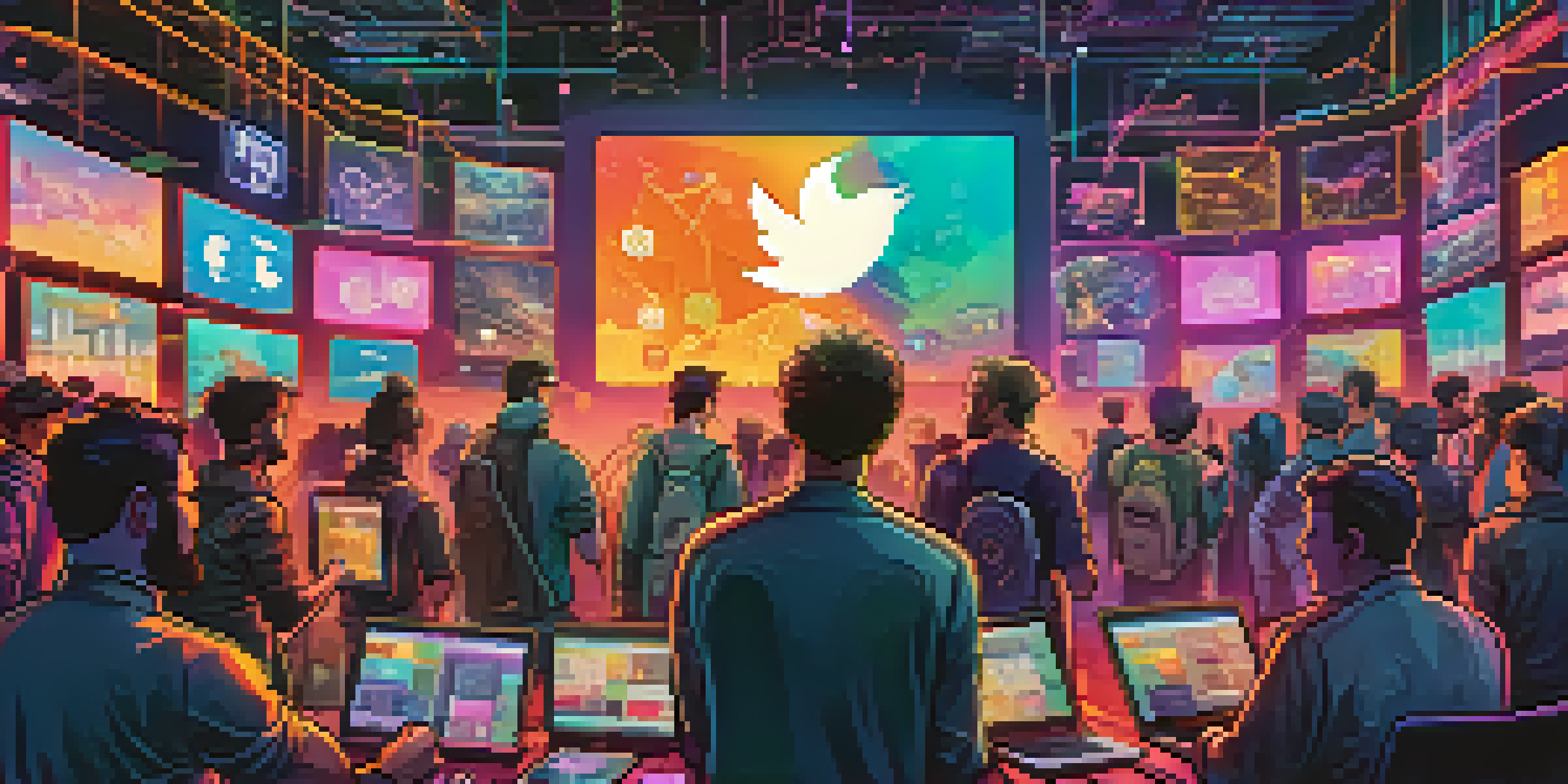 A colorful digital artwork showing cryptocurrency enthusiasts discussing on social media platforms, with Bitcoin symbols and market charts in the background.