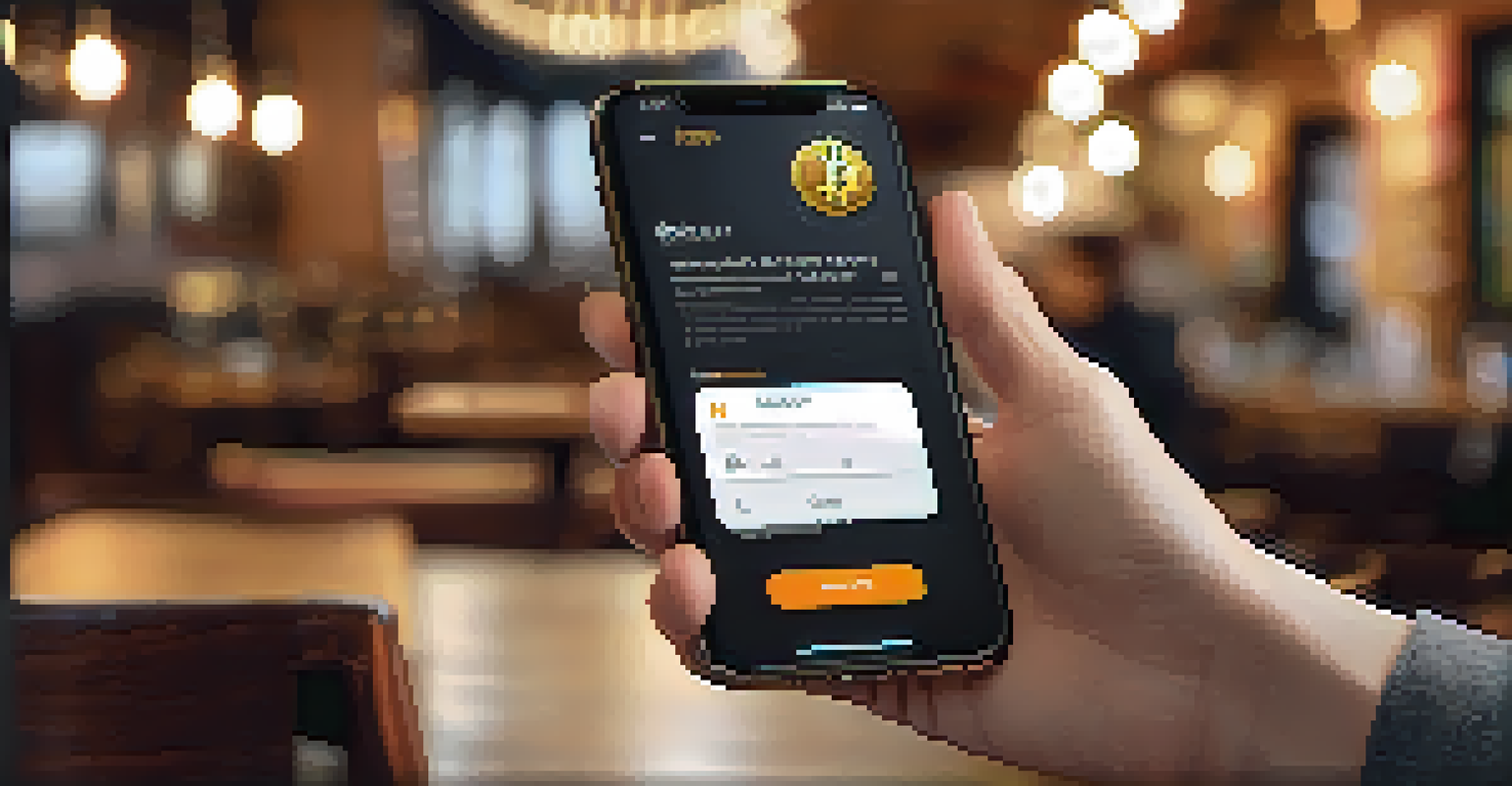 Close-up of hands holding a smartphone with a Bitcoin wallet app, set in a cozy café with warm lighting in the background.