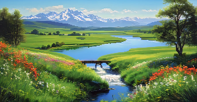 A peaceful valley with a river, wildflowers, and mountains under a clear sky.