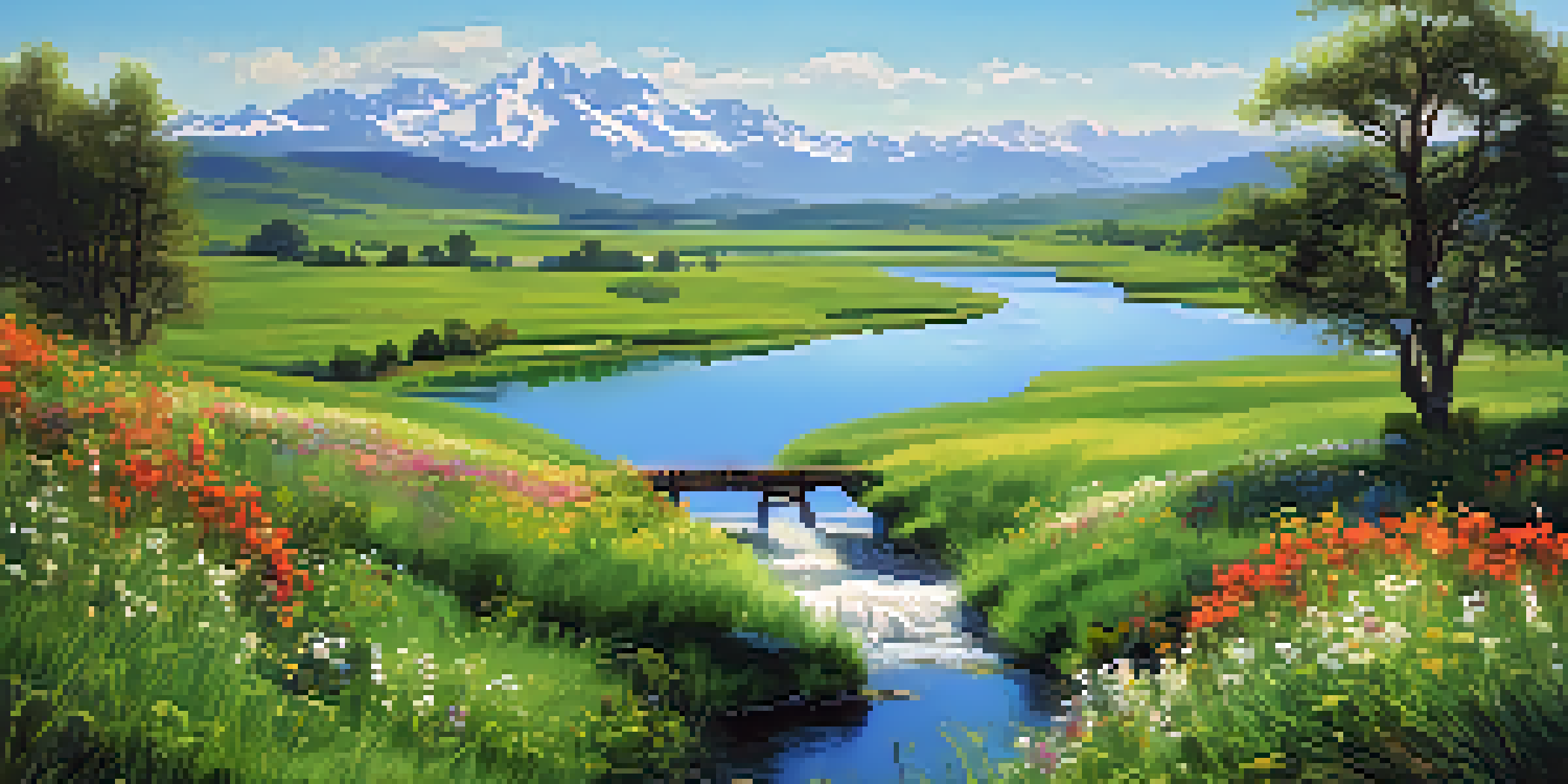 A peaceful valley with a river, wildflowers, and mountains under a clear sky.