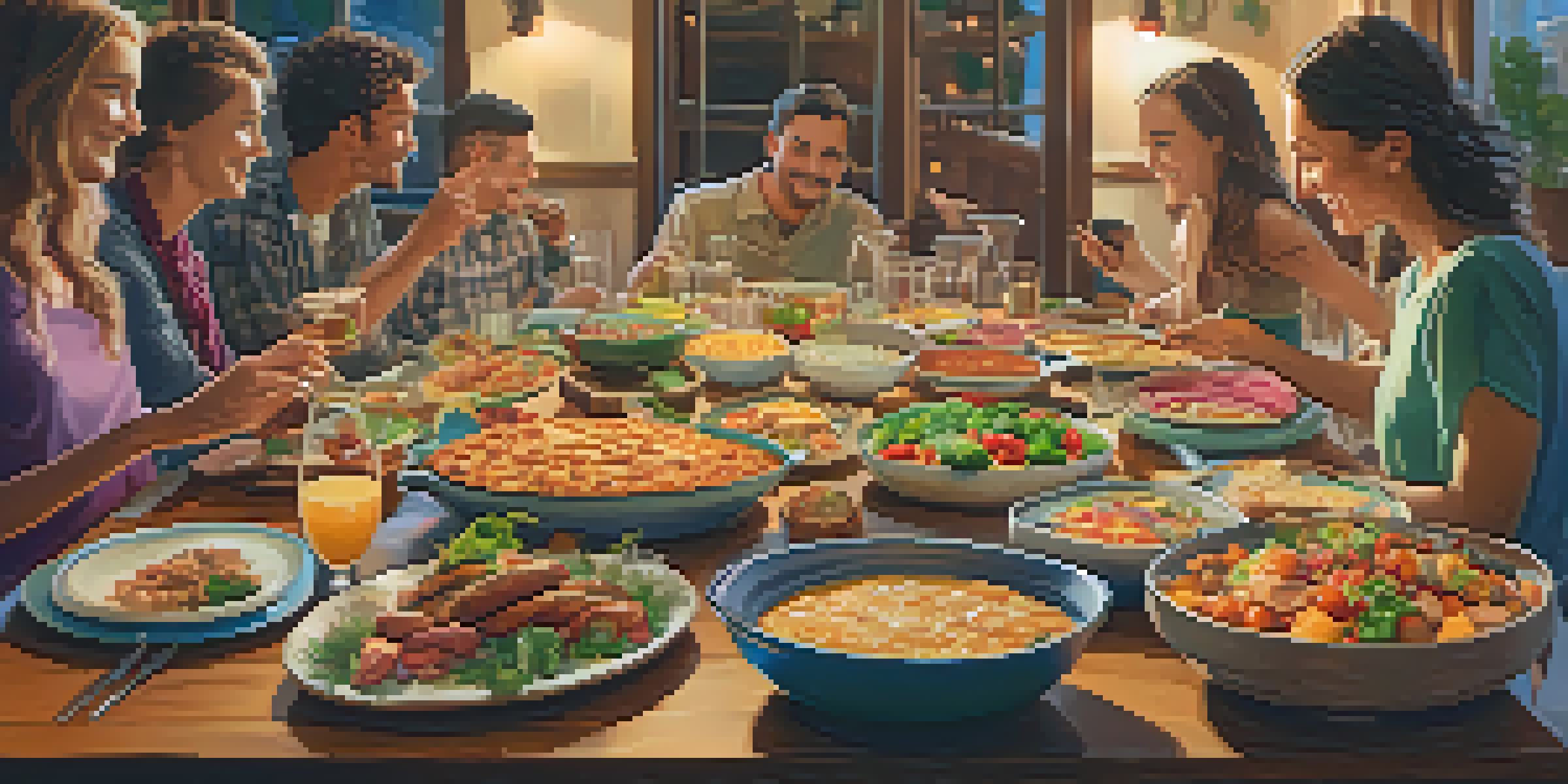 A lively potluck dinner with diverse individuals sharing food at a long table filled with colorful dishes, illuminated by warm light.