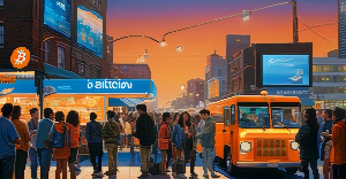 A busy city street at dusk with neon lights, featuring diverse people using smartphones for Bitcoin transactions, including a young couple at a food truck.
