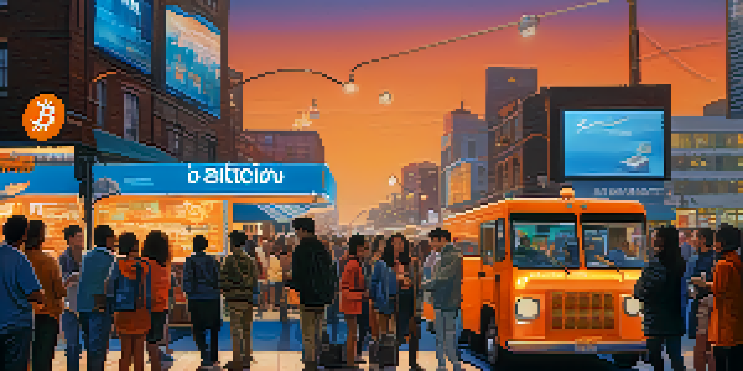A busy city street at dusk with neon lights, featuring diverse people using smartphones for Bitcoin transactions, including a young couple at a food truck.