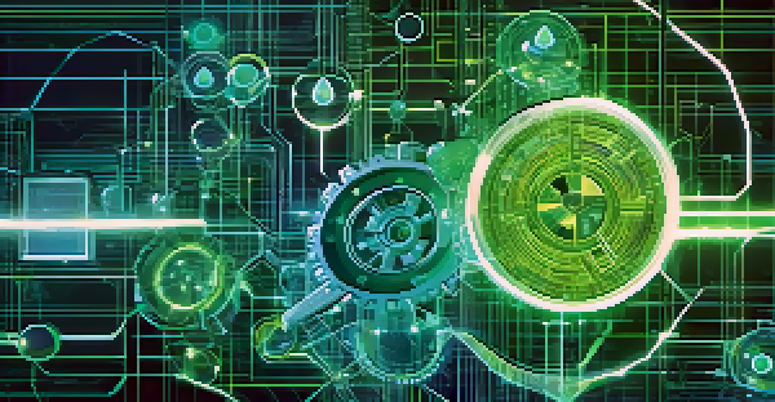 An artistic depiction of decentralized finance with interconnected gears and blockchain nodes against a digital grid background in blue and green colors.