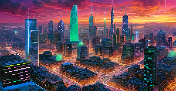 A colorful futuristic city with buildings connected by digital data streams, representing blockchain networks. People are using devices in the foreground.