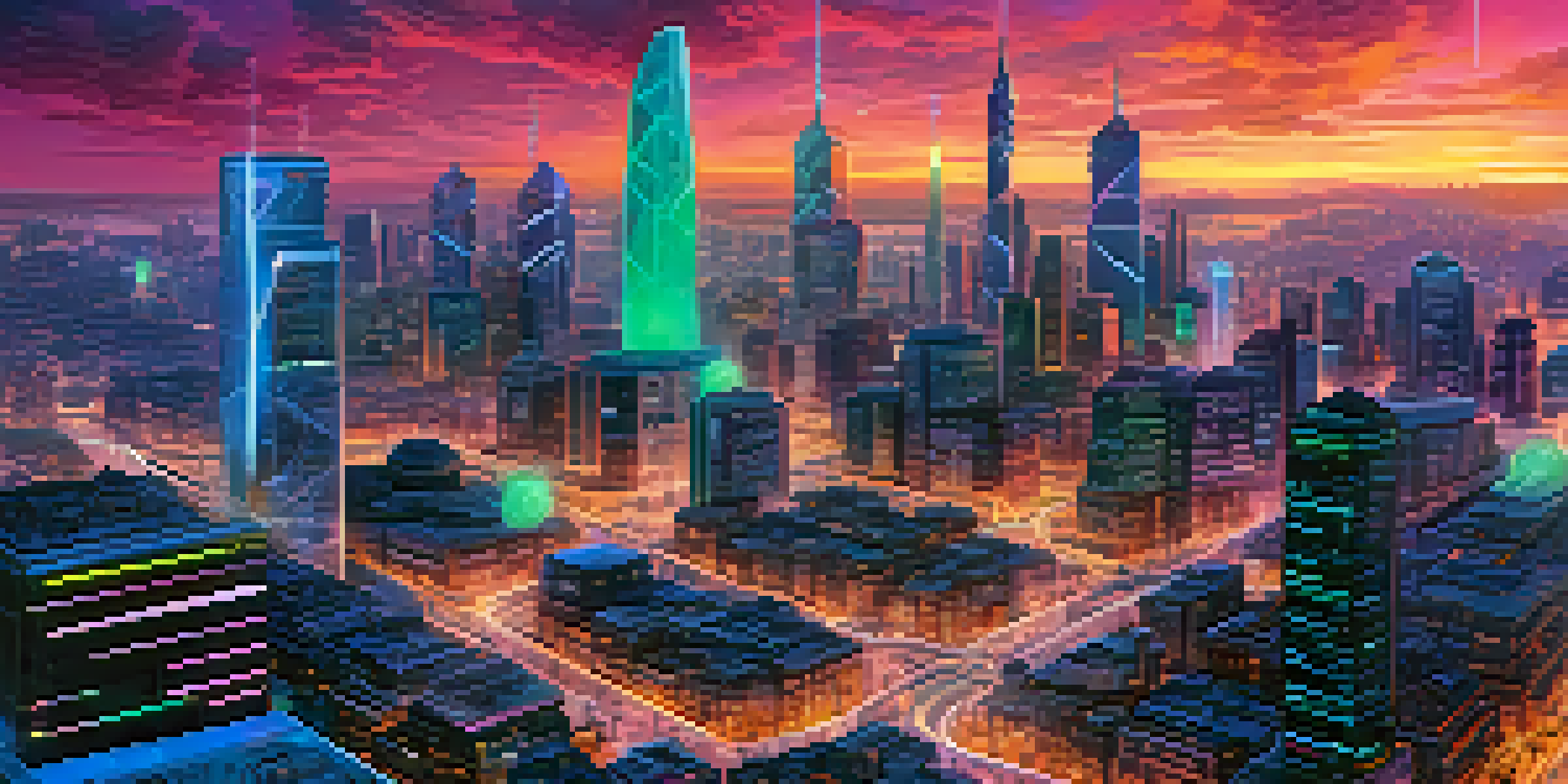 A colorful futuristic city with buildings connected by digital data streams, representing blockchain networks. People are using devices in the foreground.