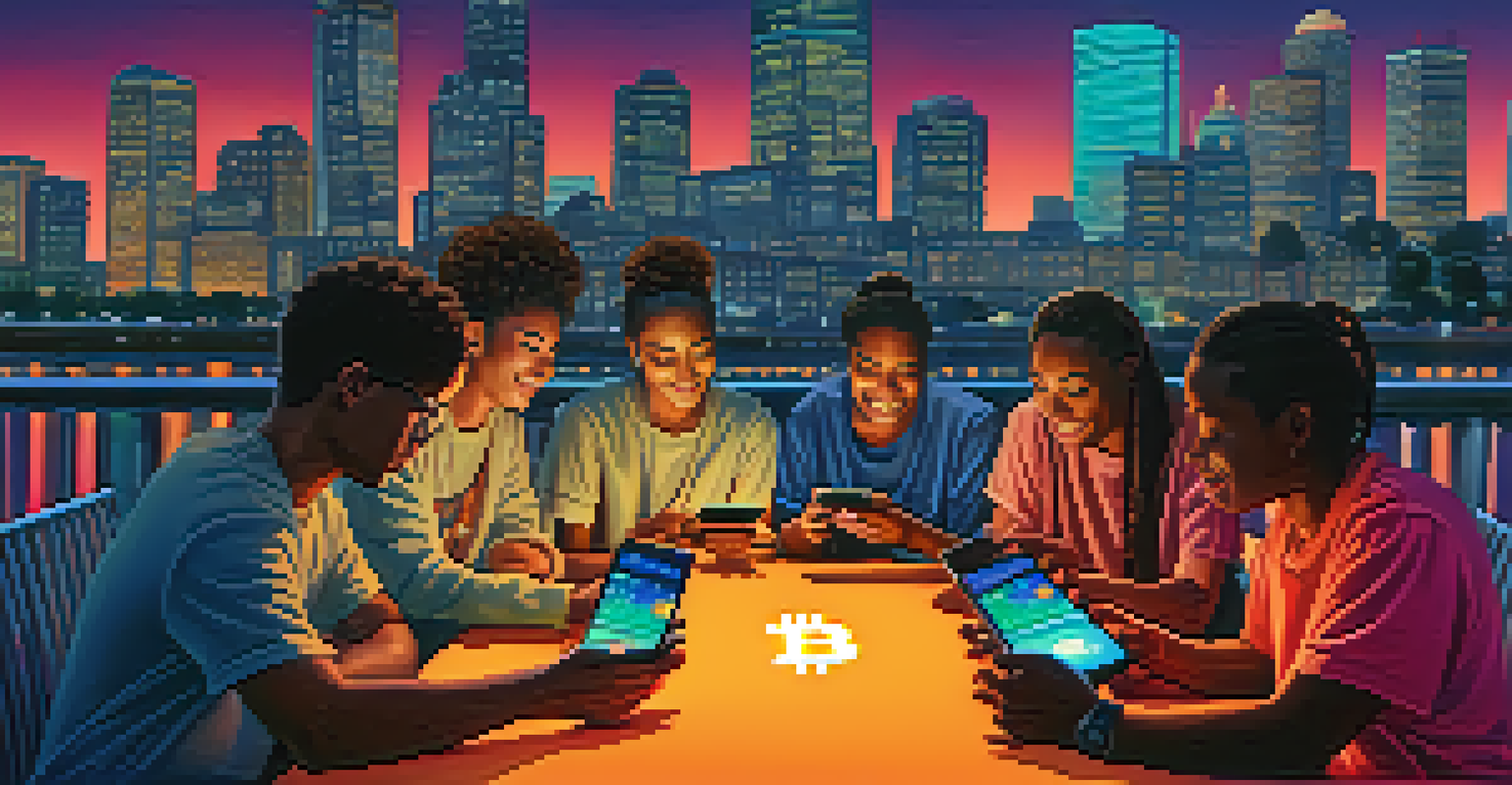A diverse group of people using smartphones to transact in Bitcoin against a colorful city skyline at dusk, with neon lights reflecting off buildings.