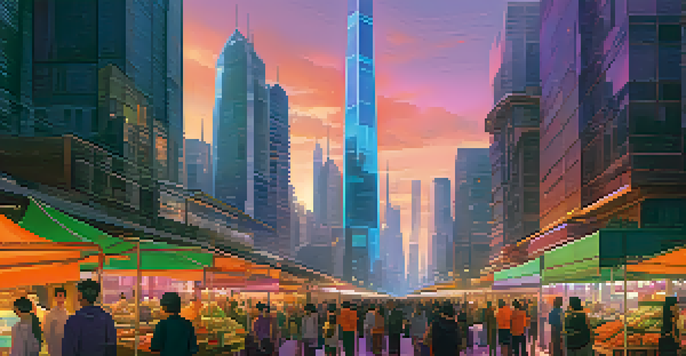 A vibrant city skyline at sunset with people trading cryptocurrencies in a market.
