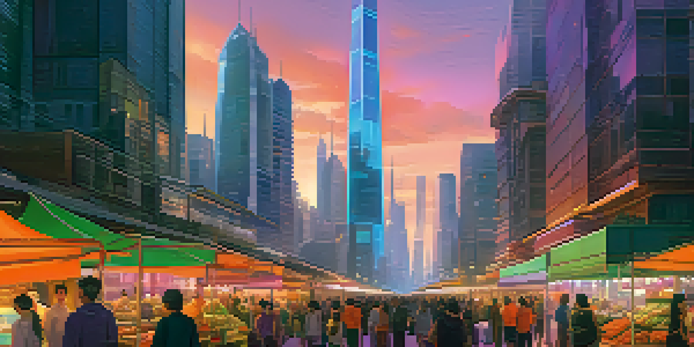 A vibrant city skyline at sunset with people trading cryptocurrencies in a market.