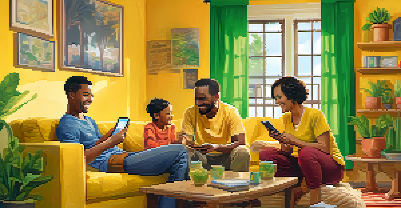 A family happily receiving remittances through a smartphone in a cozy living room.