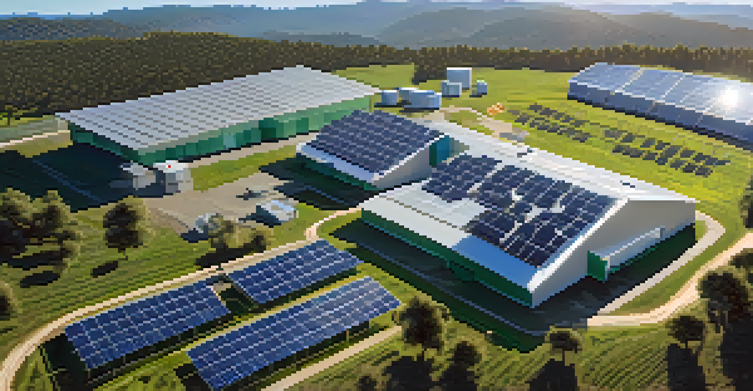 A Bitcoin mining facility with solar panels in a green landscape under a clear blue sky.