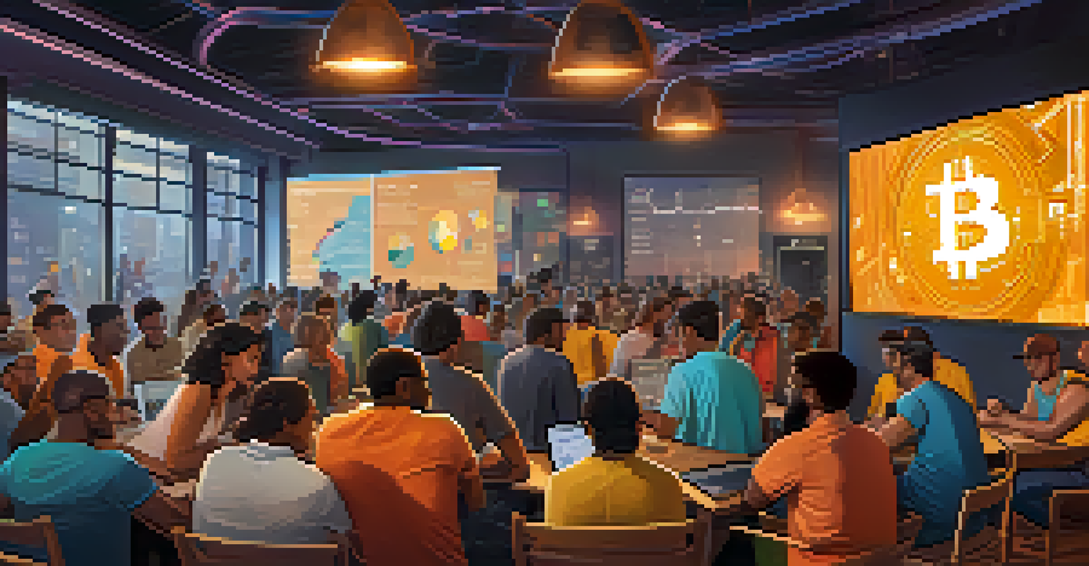 A lively Bitcoin community meetup scene with diverse individuals discussing cryptocurrency trends and sharing technology in a modern urban setting.