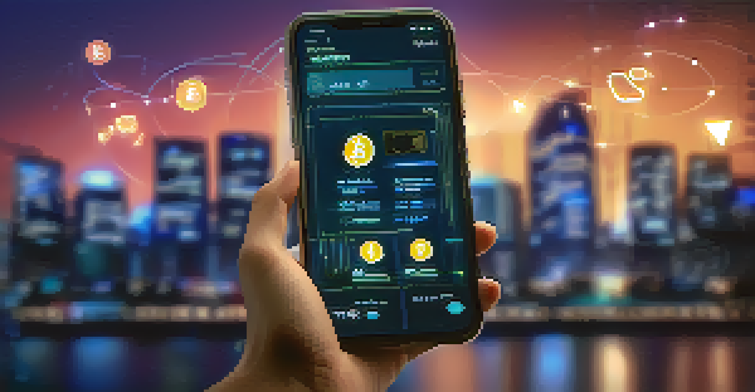 A smartphone displaying a digital wallet interface with cryptocurrency symbols, set against a cityscape at night.