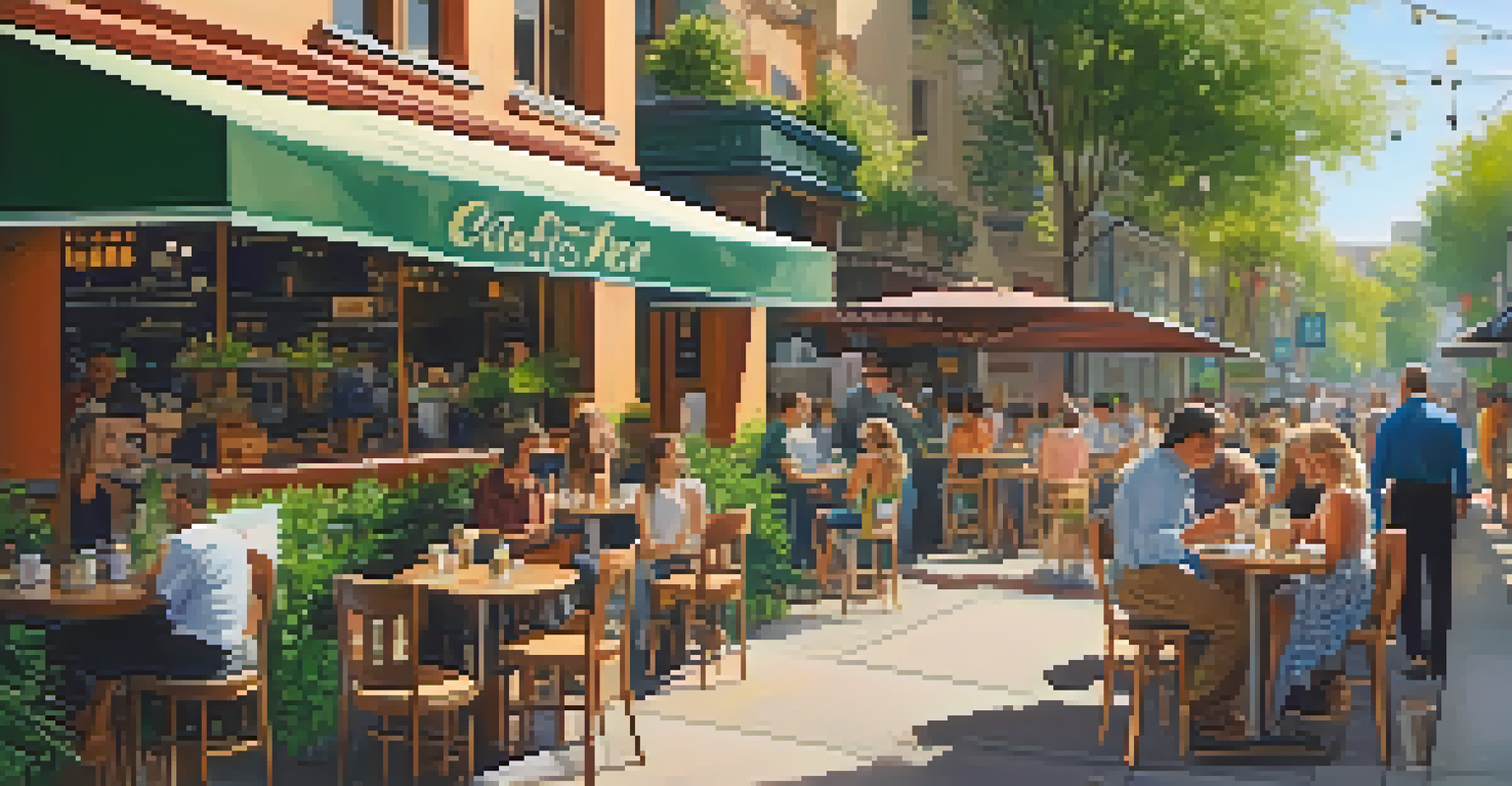 A charming neighborhood scene with traditional and modern cafés coexisting, filled with people and sunlight, showcasing a vibrant community.