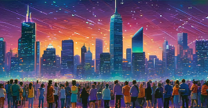 A lively city skyline at dusk with illuminated skyscrapers and people on the street using mobile devices.