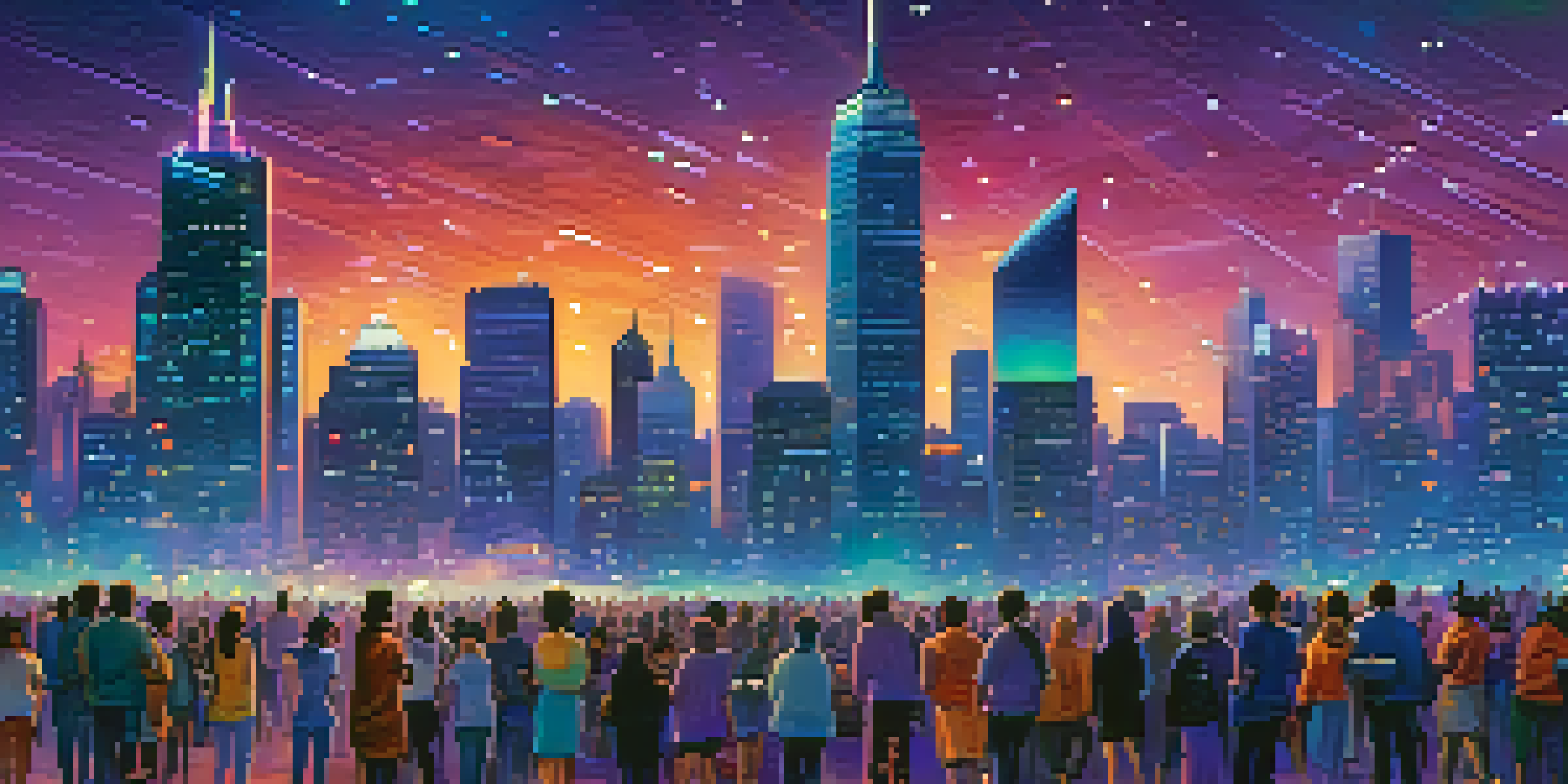 A lively city skyline at dusk with illuminated skyscrapers and people on the street using mobile devices.