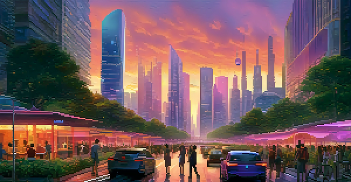 A vibrant sunset over a futuristic city skyline with skyscrapers, people on the streets, and green parks.